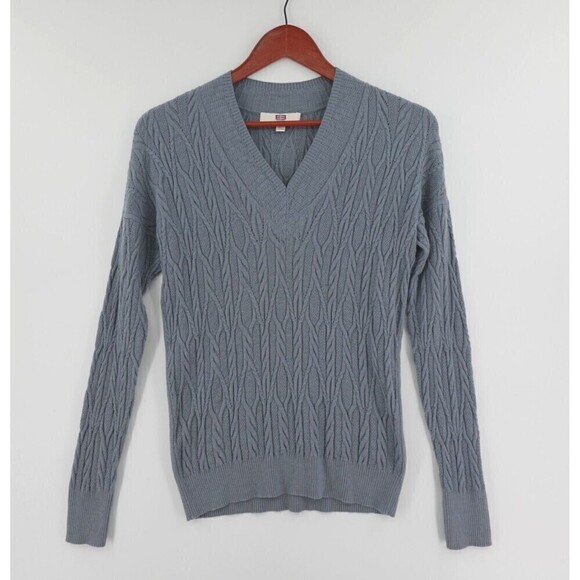 E3 by Etcetera Sweater Womens XS Blue Cable Knit Wool-Blend V-Neck - Picture 1 of 14